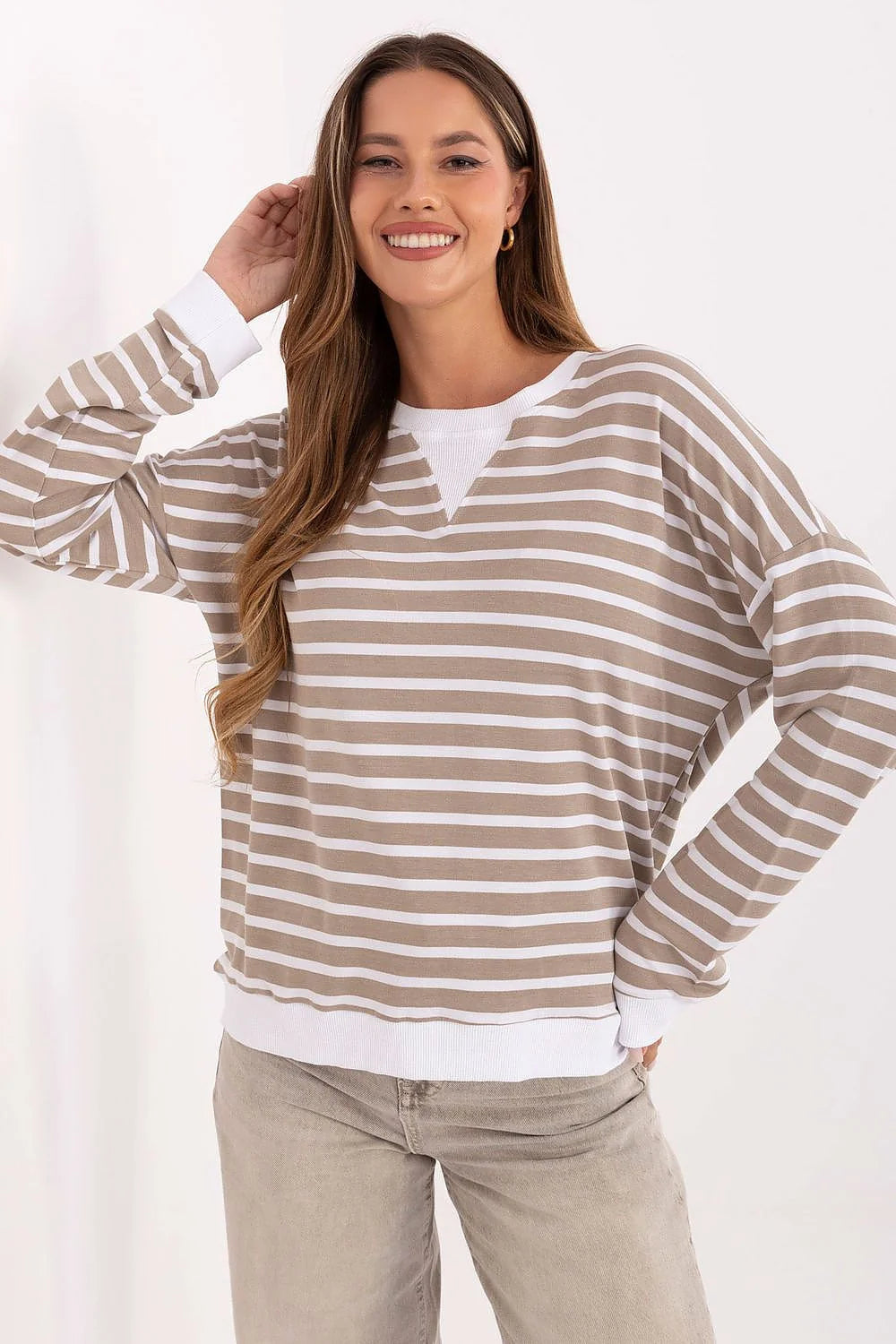 chemisier femme oversize décontracté marinière rayures beige sable blanc maille jersey légère encolure ronde manches longues