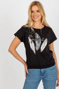 T-shirt femme moderne chemisier Rue Paris design artistique manches courtes encolure ronde imprimé plumes argentées message manuscrit Be grateful coton élasthanne
