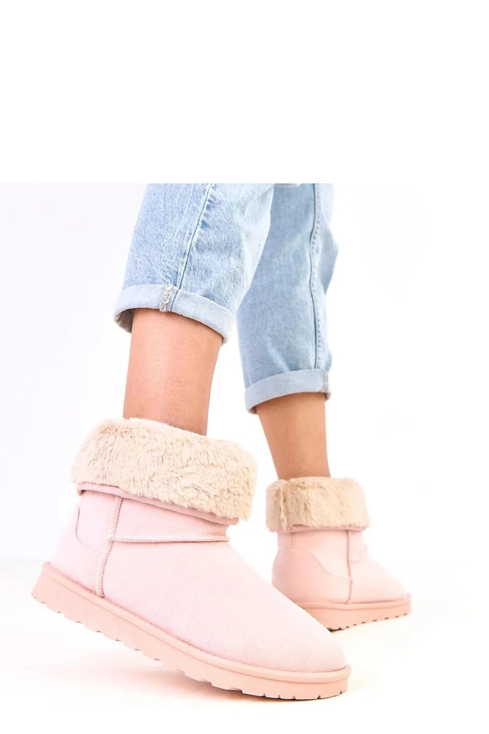 bottines fourrées femme neige cheville suédine rose pâle retroussé fausse fourrure doublure chaude semelle crantée antidérapante plateforme 25mm