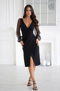 Robe de soirée élégante longue manches longues en tulle noir tissu polyester portefeuille V-neck fente noire femme