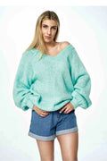 Pull-over femme style moderne ample col V profond manches longues vert menthe acrylique nylon polyester laine taille universelle