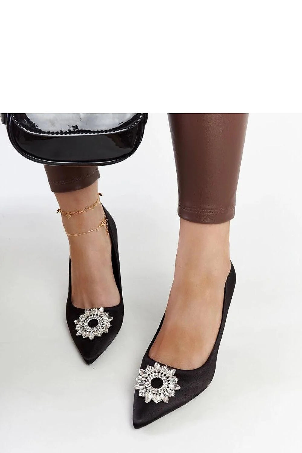 Escarpins à talons hauts Solea, noir, satiné, zircons, bout pointu, fermeture éclair, tissu, été, mode, femmes