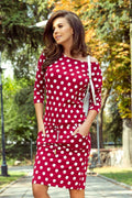 robe femme mi longue bordeaux pois blancs viscose elasthanne coupe droite manches trois quarts encolure asymétrique cordon serrage poches laterales