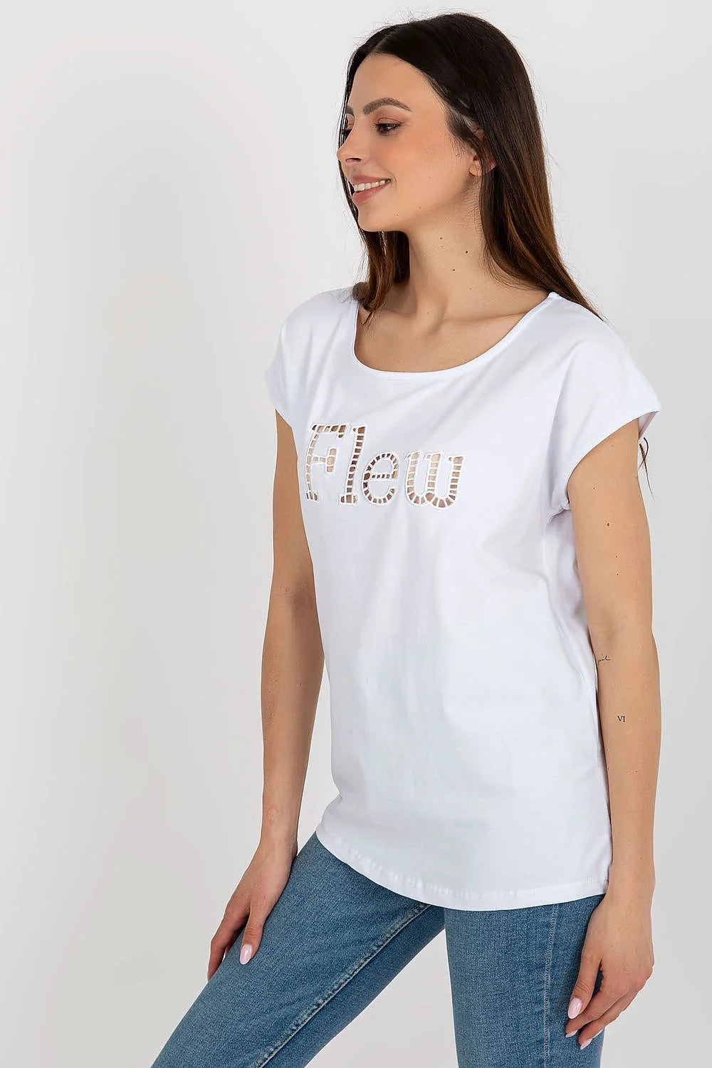 T-shirt Fancy femme style décontracté moderne col rond manches courtes coton élasthanne blanc motif mosaïque Flew beige rose