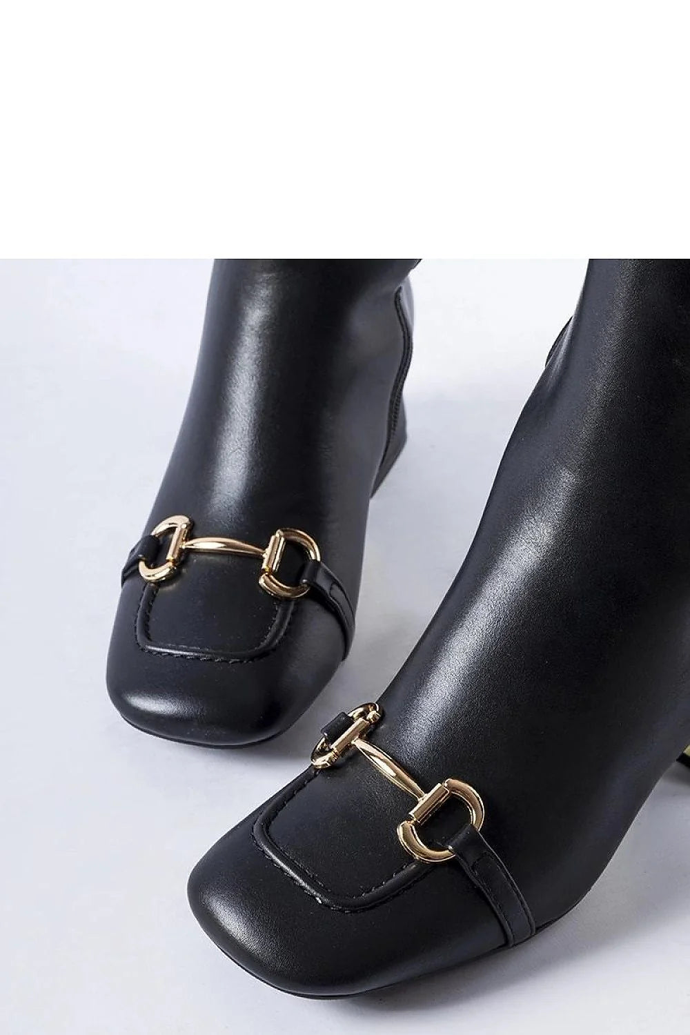 Bottes à talons bloc cuir noir doré métal bout carré fermeture éclair talon stable femmes élégance mode