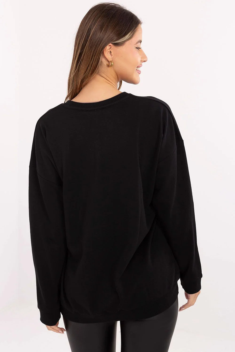sweatshirt femme oversize noir coupe ample col rond manches longues coton polyester molleton doux œillets métalliques laçage contrastant poignets côtelés