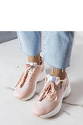 Baskets pour femmes design moderne sportif semelle compensée rose pâle blanc matériau simili-cuir maille respirante fermeture lacets zip latéral