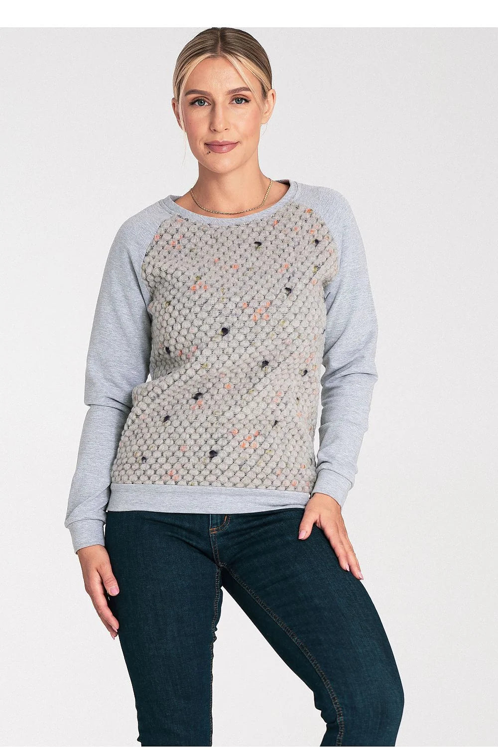 sweatshirt femme Figl coton stretch raglan manches longues maille bouclée texturée popcorn gris bleu marine corail coupe ample col rond