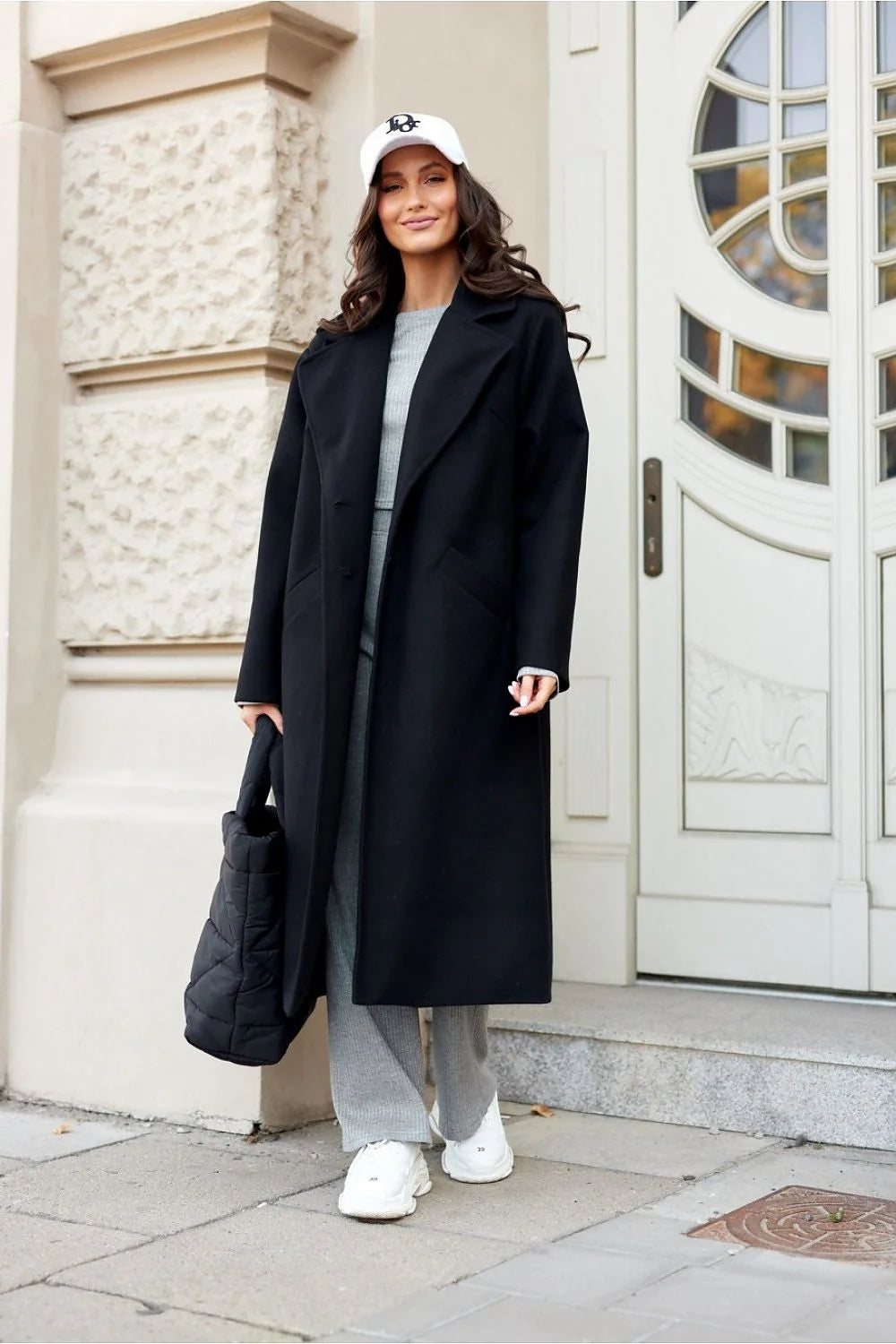 Manteau Talisman Roco Fashion long ample droit style minimaliste col renversé laine noir femme