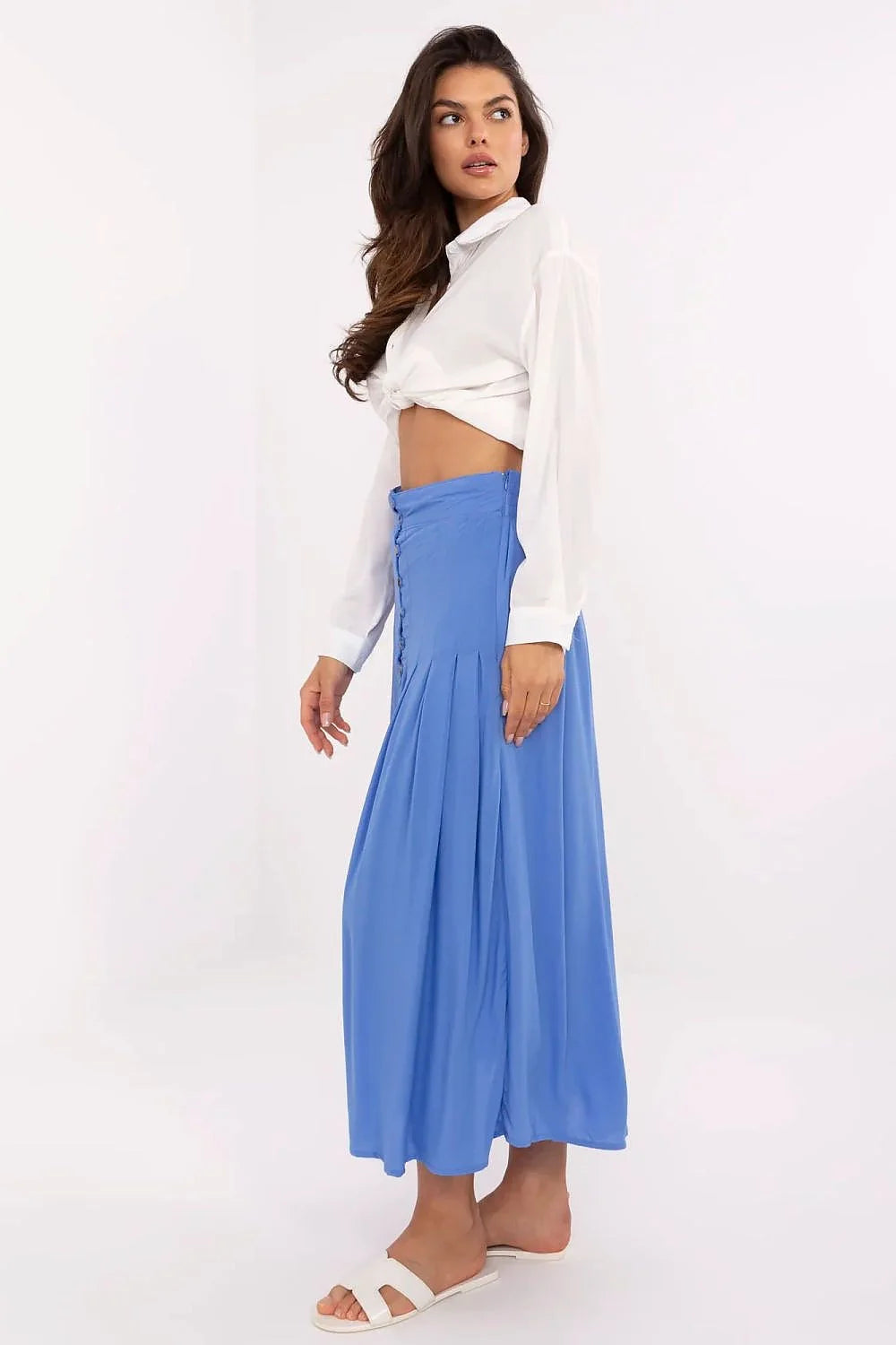 Jupe midi élégante pour femme en viscose éco-friendly, style plissé, coupe évasée, taille haute, boutons décoratifs, bleu
