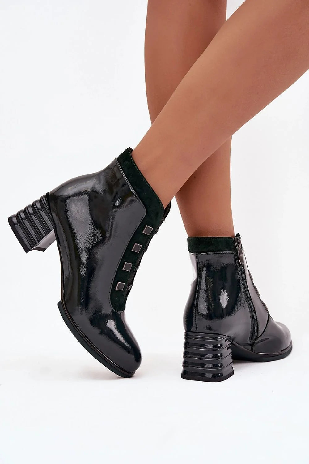 bottines cuir naturel verni femme élégantes modernes brillantes décoratives avant bout arrondi fermeture zippée doublure douce chaude confort automne hiver