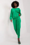 Ensemble coordonné féminin vert vif bow élégant coupe droite pantalon taille élastique haut manches longues