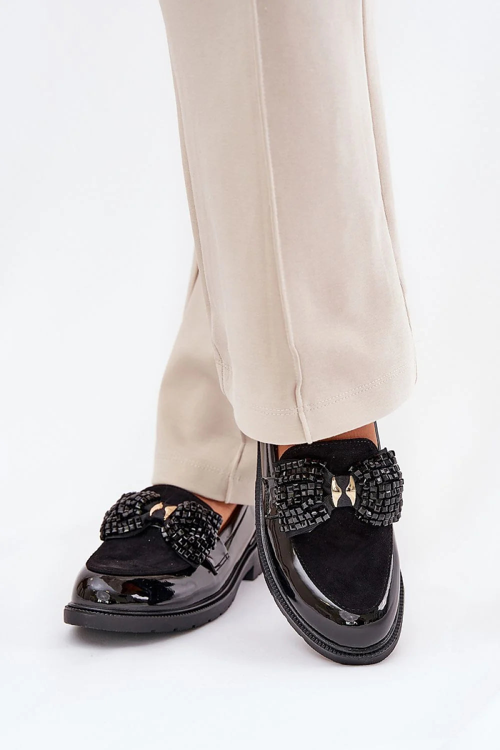 Moccasins élégants pour femmes style Step in style, cuir artificiel, noir, confortable, occasionnels formels et décontractés, semelle robuste, nœud Perl, S.Barski