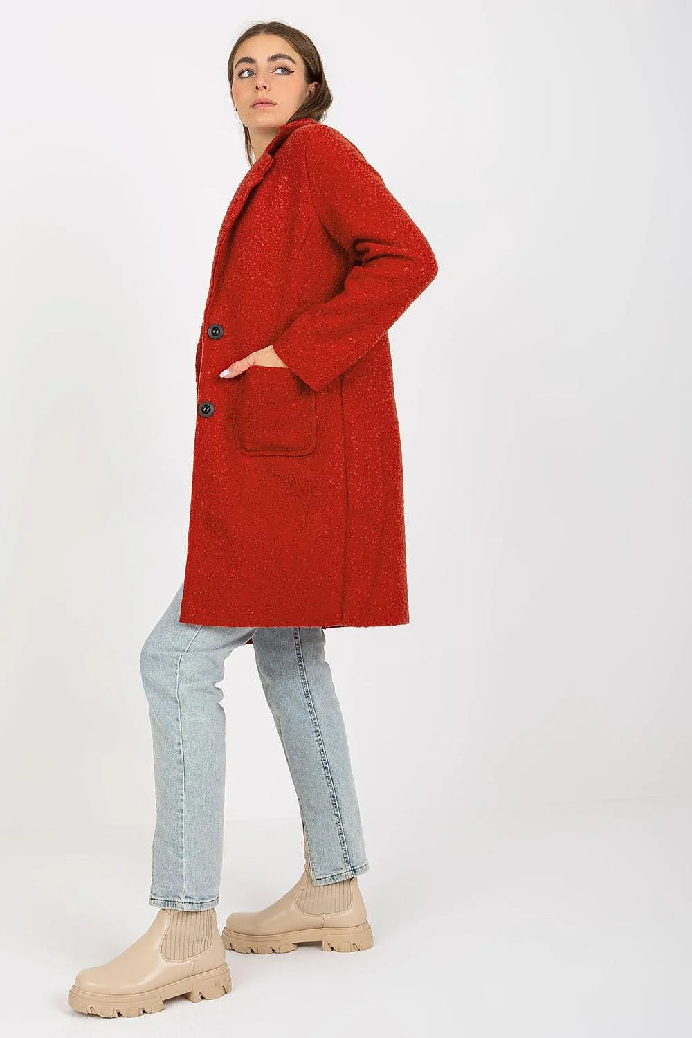 Manteau Och Bella pour femme rouge vif manches longues poches plaquées coupe droite style moderne intemporel polyester 100% taille universelle