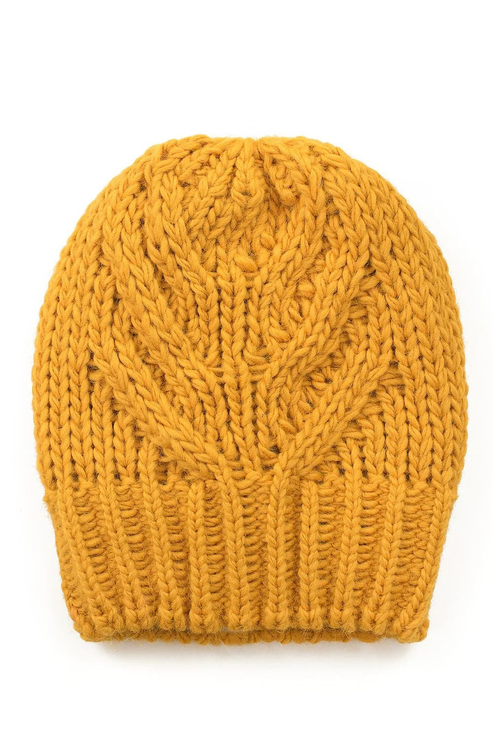 Bonnet hiver mode élégant pour femme en laine polaire torsades élaborées bordure côtelée couleur moutarde acrylique nylon