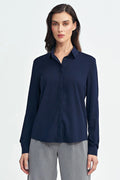 Chemise pour femme manches longues col pointu bleu marine coupe classique viscosé confortable occasionnels