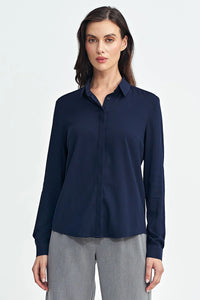 Chemise pour femme manches longues col pointu bleu marine coupe classique viscosé confortable occasionnels