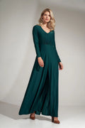 Robe longue élastique élégante verte manches longues décolleté cœur ajustable idéale pour femme chic