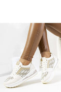 Baskets élégantes pour femmes, design moderne, cuir synthétique beige, paillettes dorées, lacets blancs, semelle caoutchouc, confort tout jours