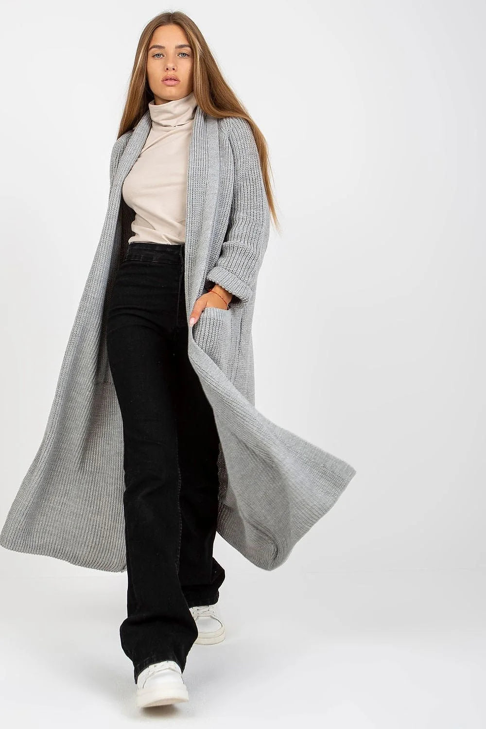 Cardigan long Och Bella maille acrylique 70 laine 30 sans fermeture manches longues poches glissière grise beige noir urban casual tendance