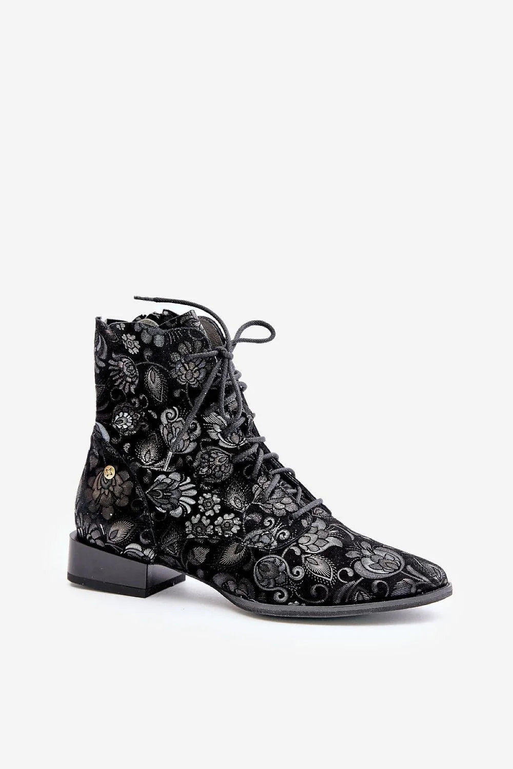 Bottines élégantes pour femmes en velours noir motifs floraux Talon bas ajustable cuir suédé Maciejka mode urbaine