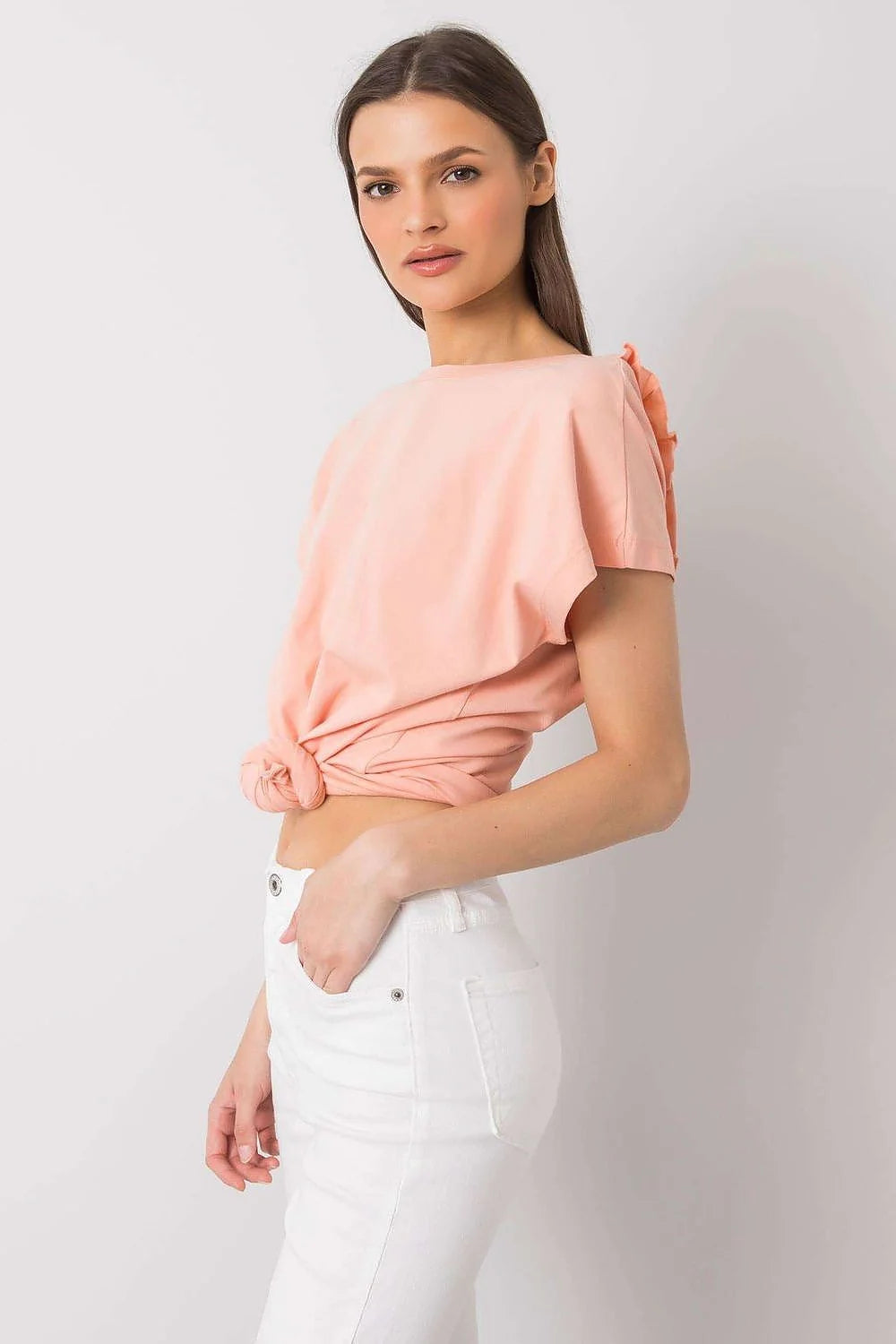 Chemisier élégant pour femme en coton 95% lycra 5% coupe ample manches courtes beige pâle sans motifs