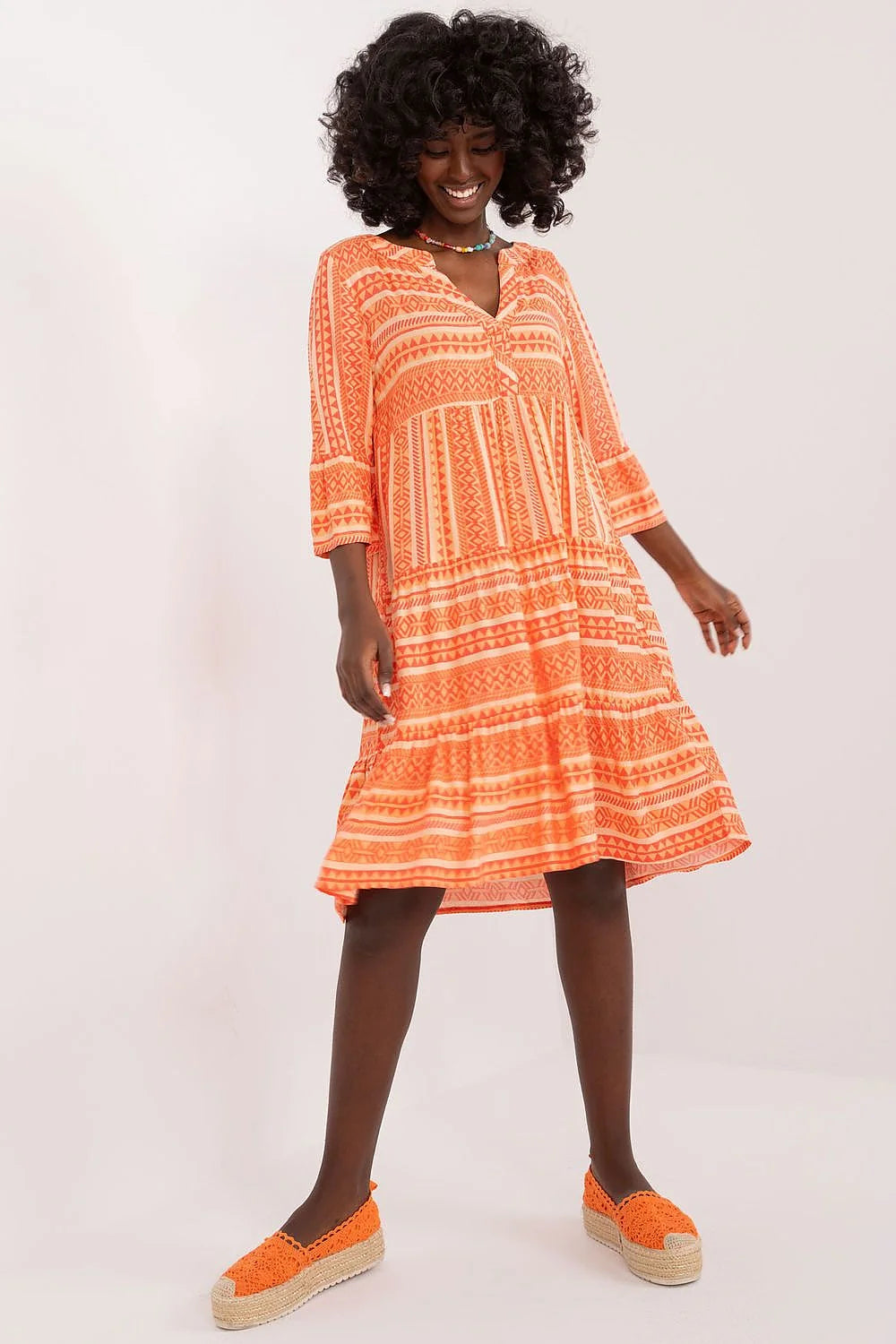 robe été bohème ample midi manches troisquarts colV fluide léger respirant imprimé géométrique orange jupe étagée volants
