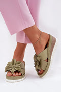 Sandales féminines contemporaines élégantes design décontracté tendance nœud décoratif couleur olive semelle liège talon 7 cm cuir synthétique femmes occasion estivale