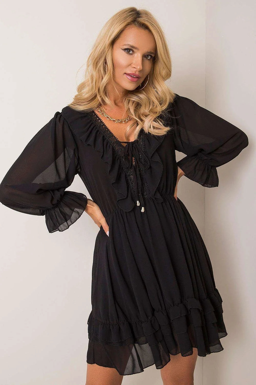 Robe de jour féminine Och Bella manches longues en polyester et viscose beige style romantique volants dentelle occasions multiples femmes