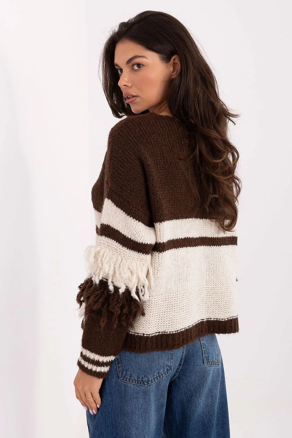 cardigan femme bicolore maille oversize col V boutonné boho franges manches longues ourlet frangé boutons dorés poignets côtelés chaud confortable