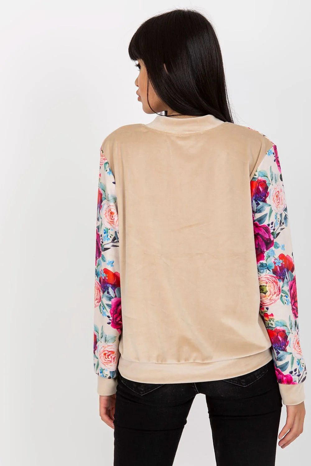 bomber velours noir manches fleuries floral multicolore satinée élasthanne viscose ajustée zippée côtelée poches casual chic