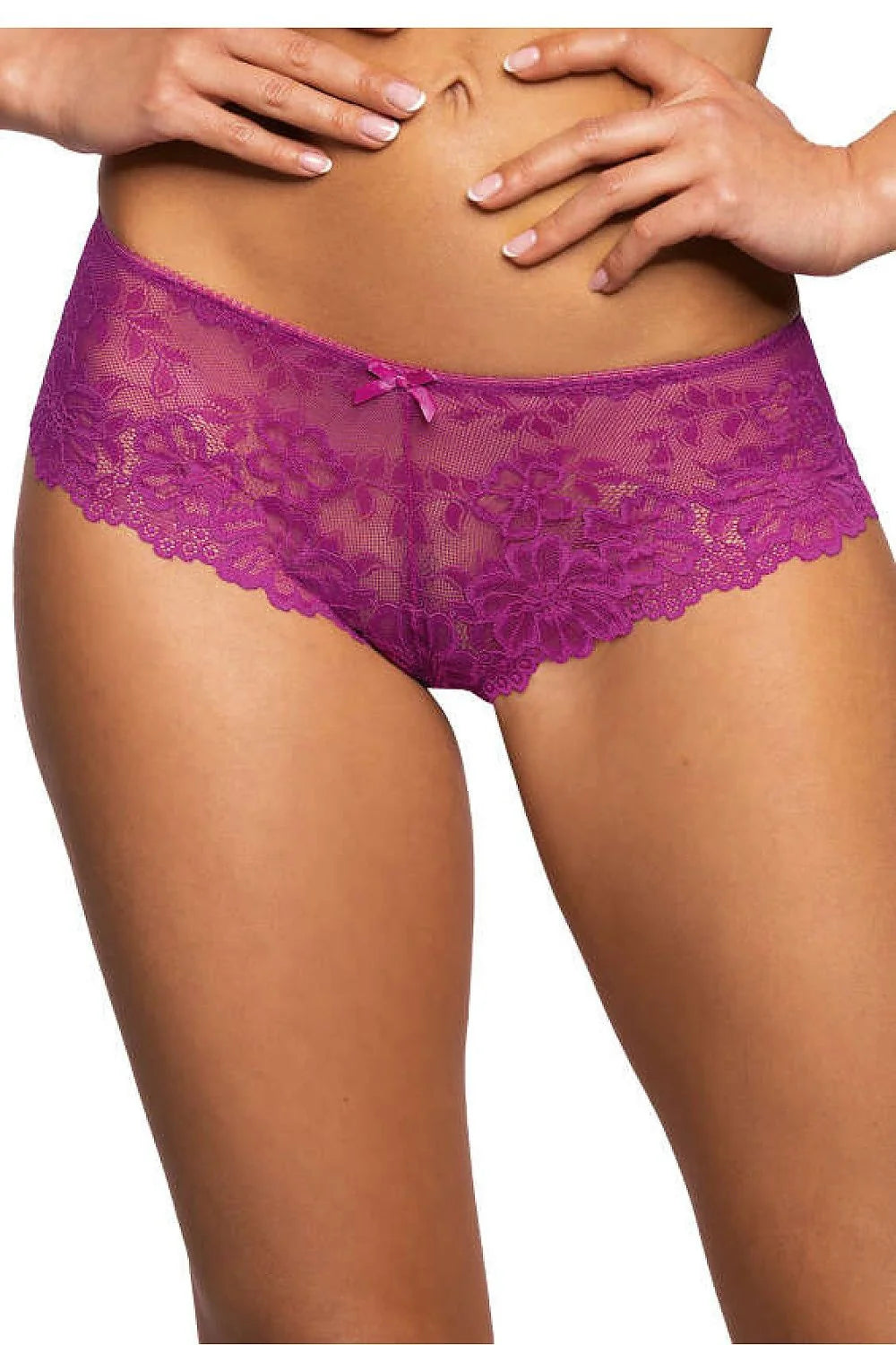 Culotte en dentelle transparente fuchsia motifs floraux satin bow waist cotton gusset lingerie féminine élégante