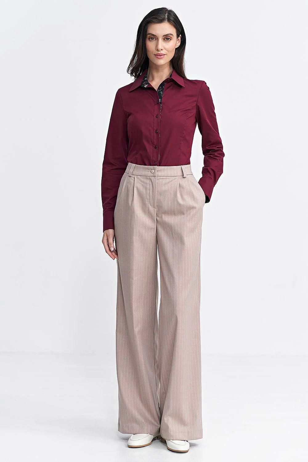 Pantalon long élégant pour femme coupe large matière douce style décontracté chic couleur beige rayures blanches hauteur de taille ajustable polyvalent mode intemporel haute qualité