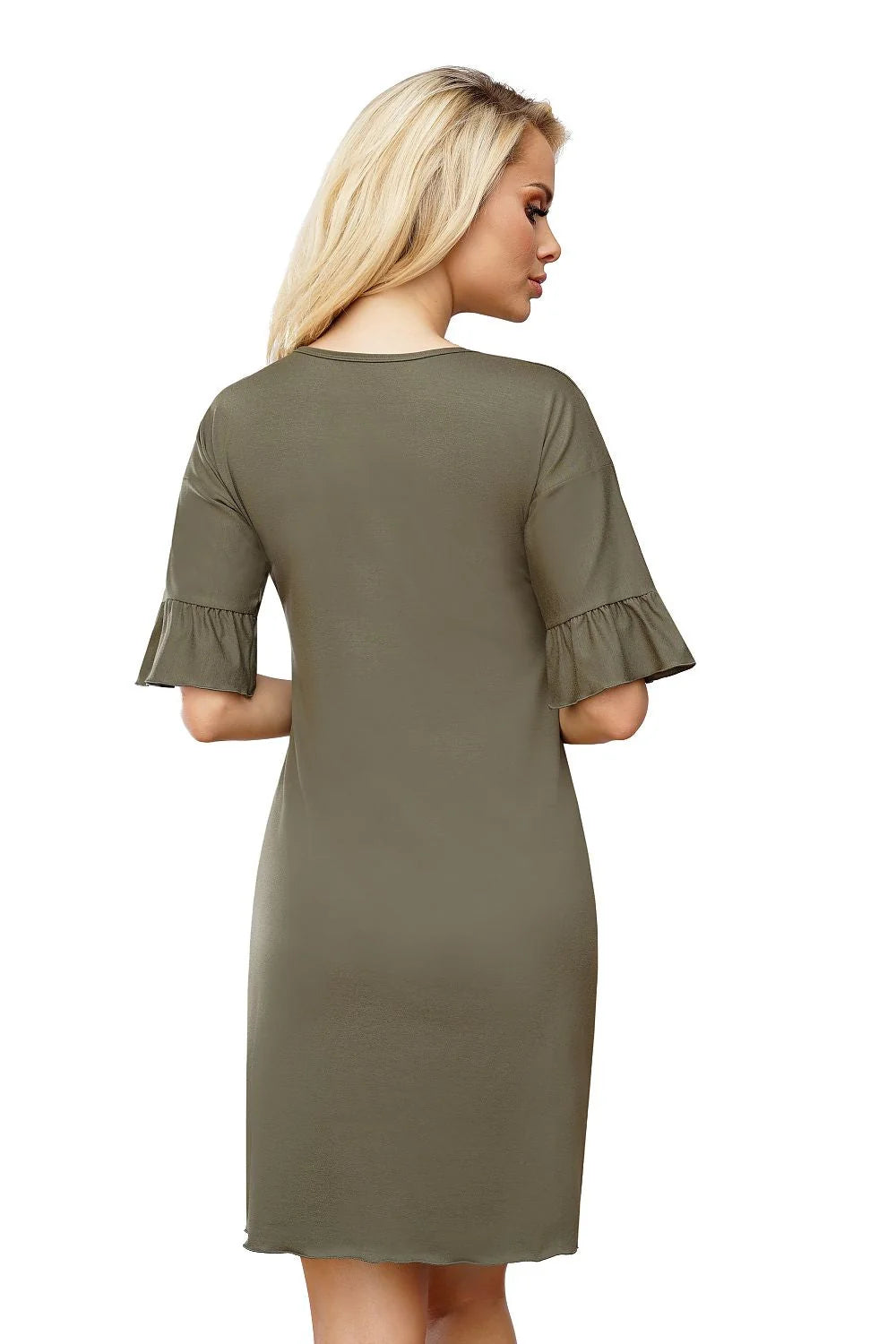 robe viscose olive féminine casual encolureV manches courtes volants taille ajustable jersey extensible fluide douce respirante finition soignée coupe droite
