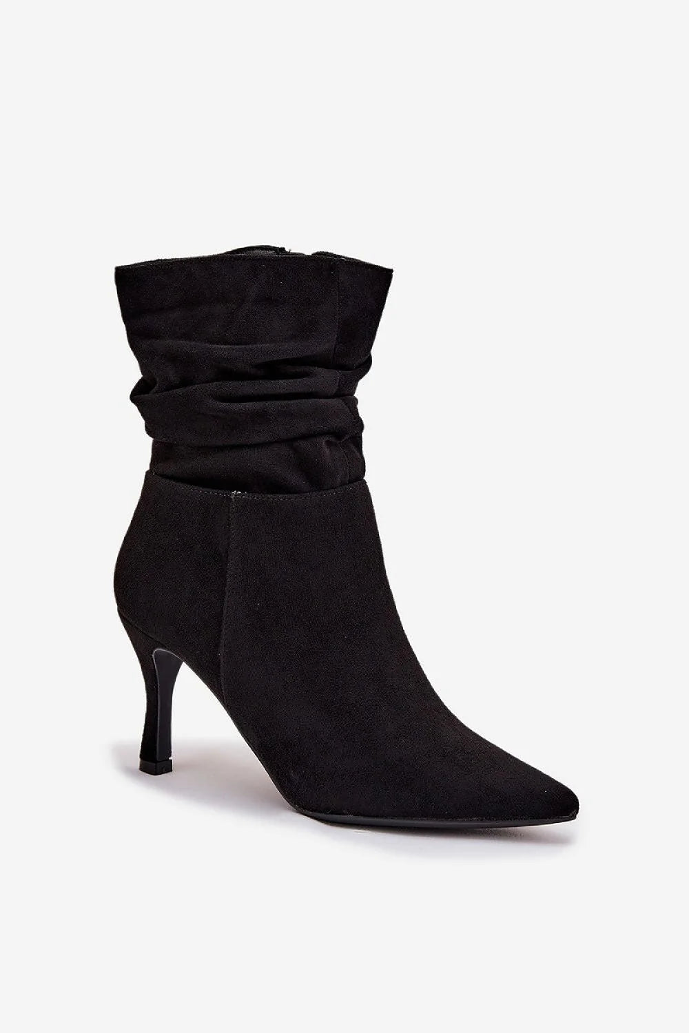 bottines cheville femme talon aiguille fin bout pointu tige froncée aspect suédé noir fermeture éclair latérale semelle plantaire cuir artificiel