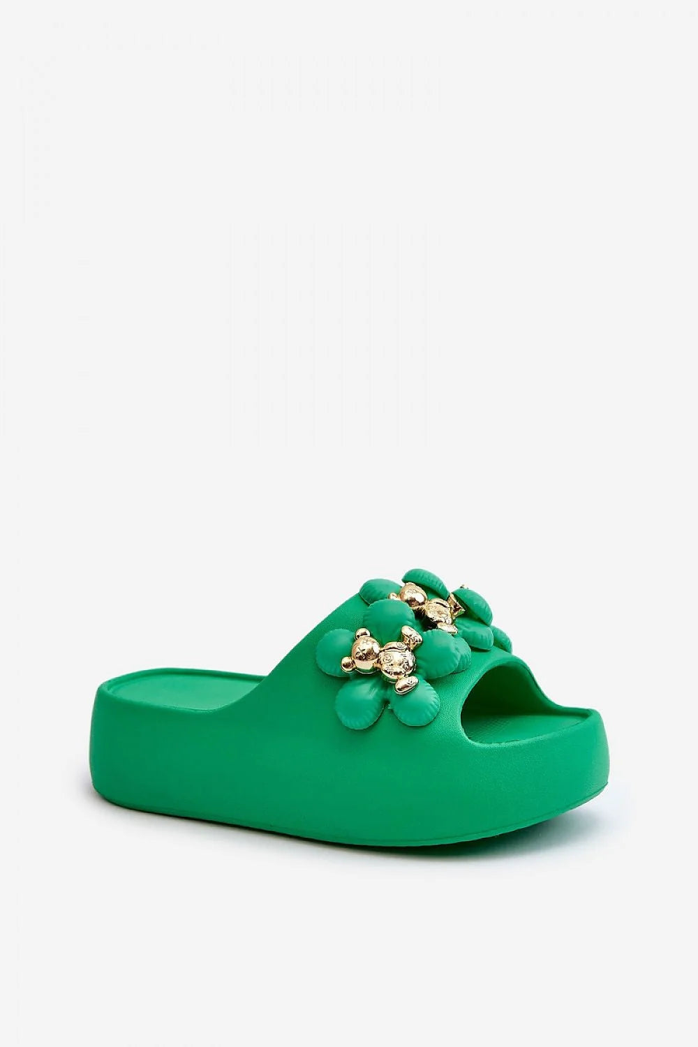 Sandales féminines audacieuses à plateforme verte avec détails floraux dorés, confort et style pour l'été