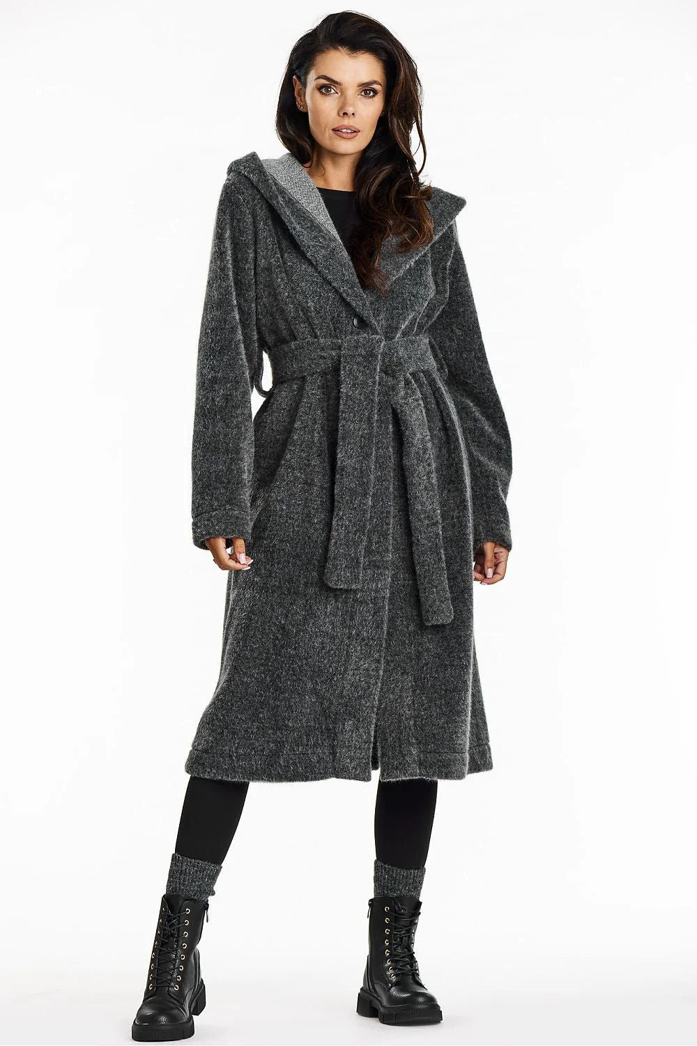 Manteau pour femme long à capuche gris foncé col châle ceinture maille ourson automne-hiver élégance décontractée Awama