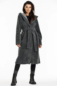 Manteau pour femme long à capuche gris foncé col châle ceinture maille ourson automne-hiver élégance décontractée Awama