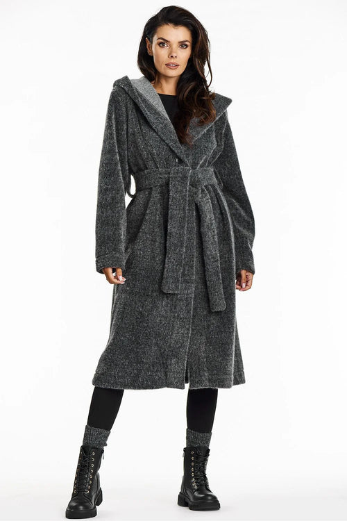 Manteau pour femme long à capuche gris foncé col châle ceinture maille ourson automne-hiver élégance décontractée Awama