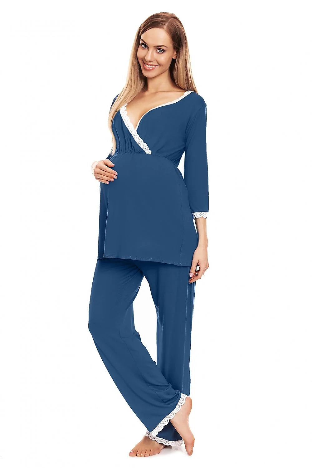 pyjama maternité allaitement cachecoeur dentelle bleu profond confort doux viscose élasthanne chemisier col V manches troisquarts pantalon ample taille élastiquée