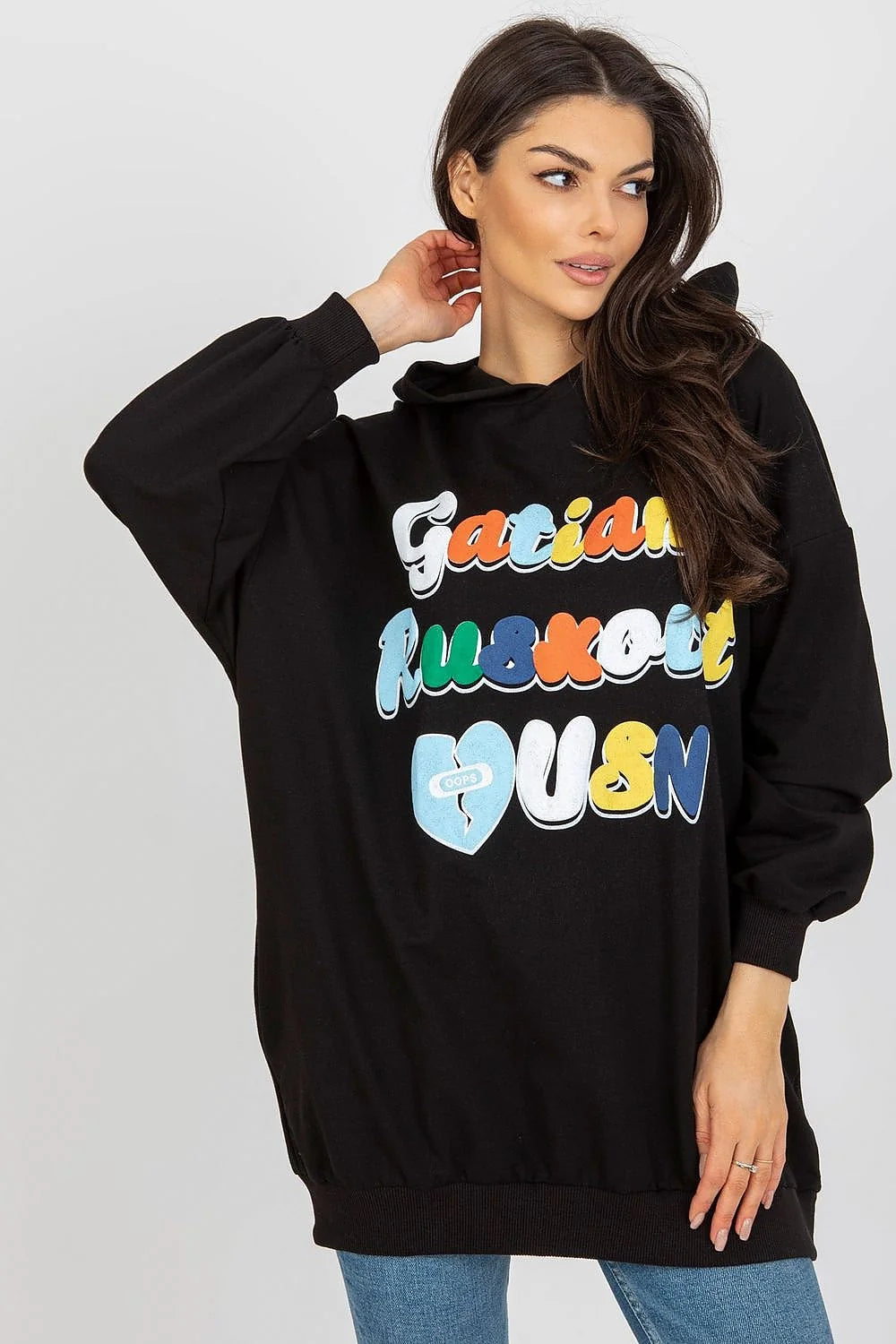sweatshirt capuche oversize femme longline tunique noir molleton coton doux manches ballon bordcotes lettres multicolores graffiti motif coeur OOPS