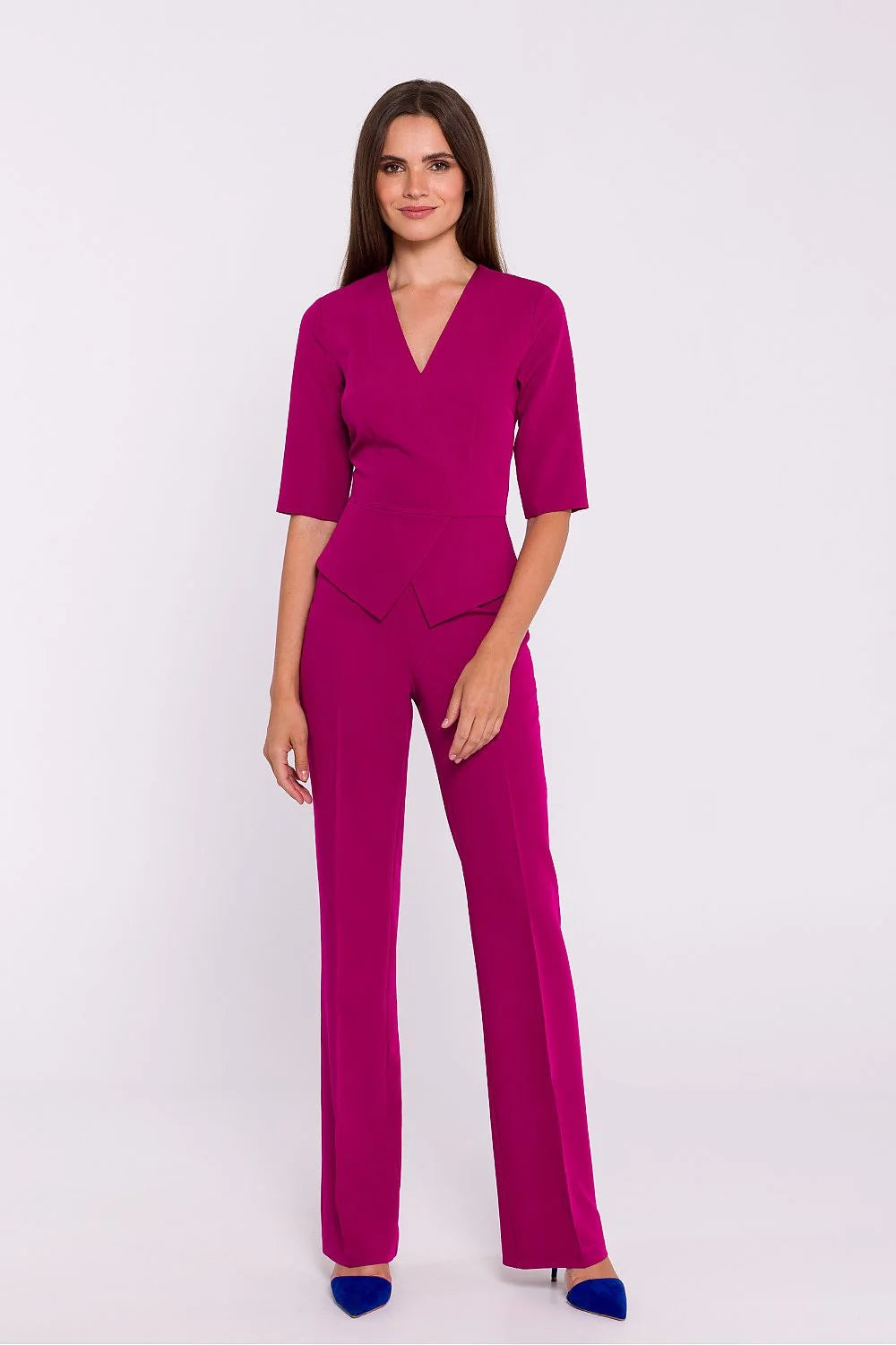Ensemble tailleur féminin élégant magenta blouse V-neck manches mi-longues pantalon long évasé femme occasion professionnelle