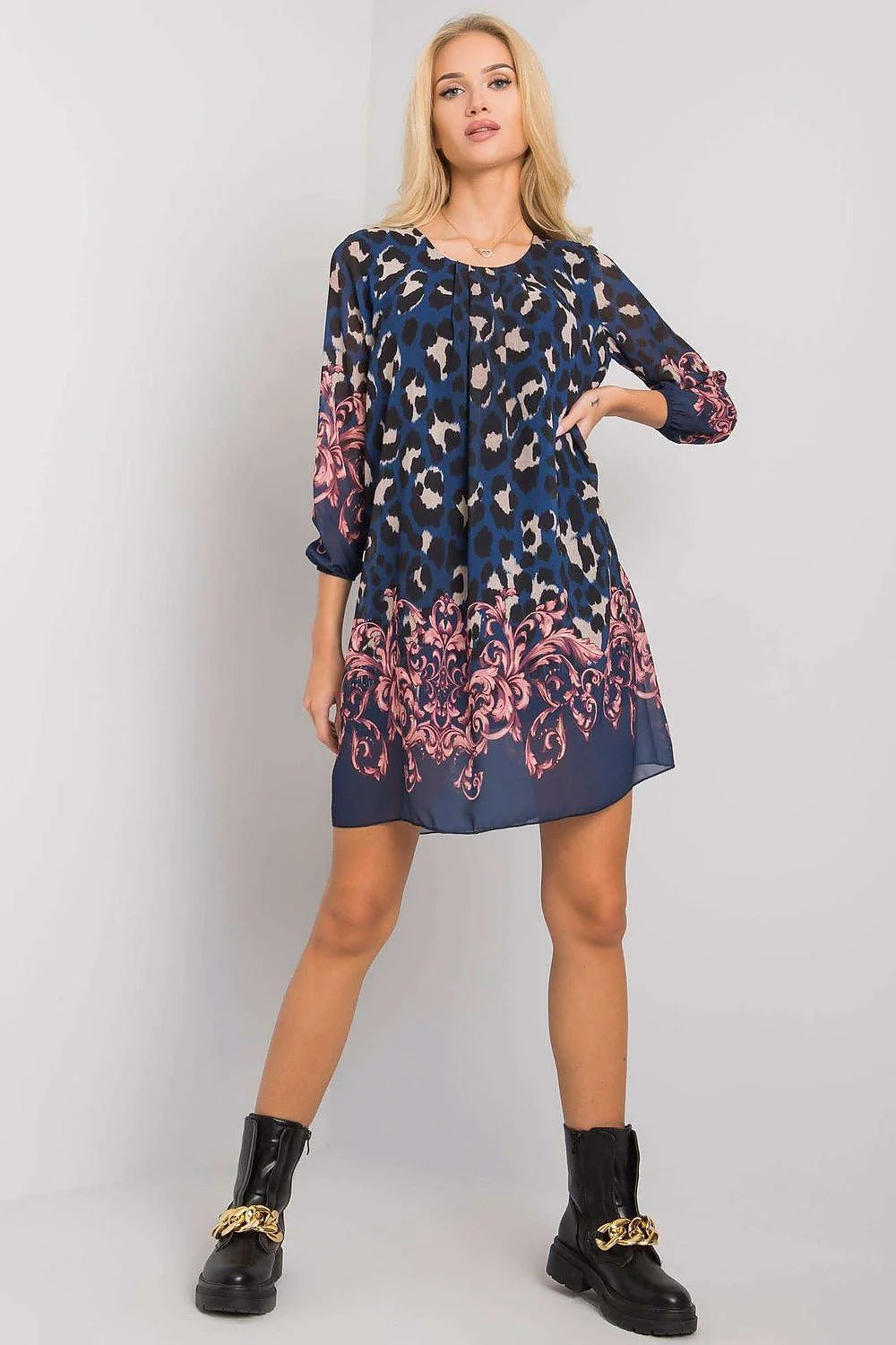 Robe de jour audacieuse Och Bella motif léopard coupe trapèze manches longues encolure ronde doublée polyester viscose femme