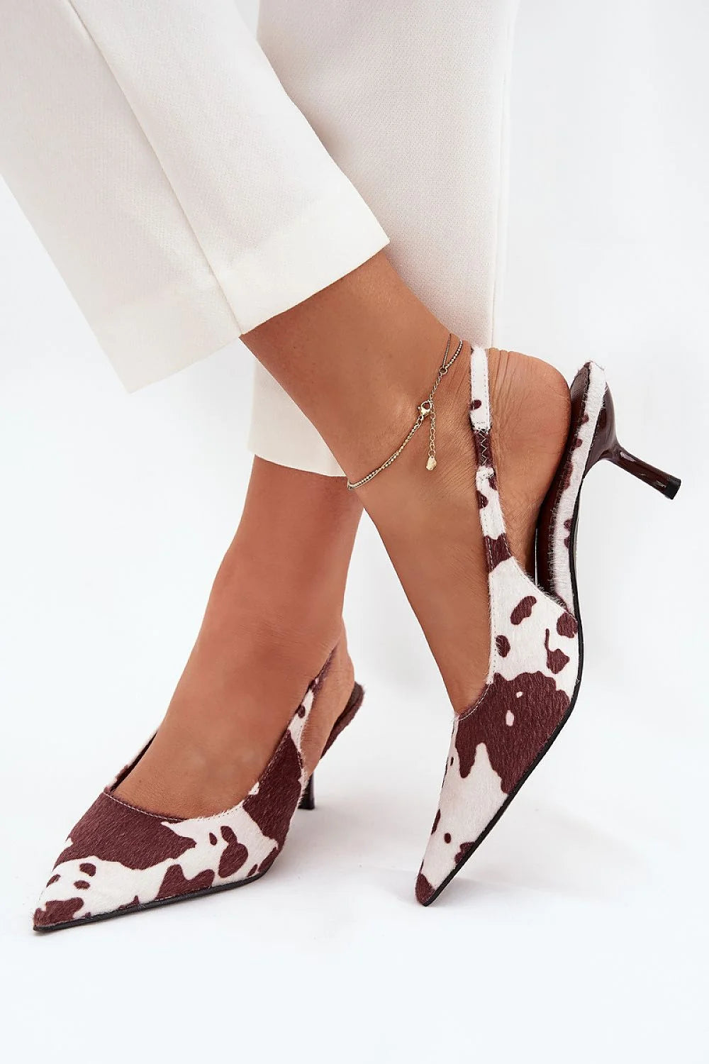 escarpins femme slingback bout pointu effet vache ponyhair brun blanc kitten talon verni bride ouverte semelle fine élancée soirée chic