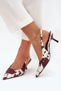 escarpins femme slingback bout pointu effet vache ponyhair brun blanc kitten talon verni bride ouverte semelle fine élancée soirée chic