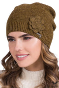 Bonnet élégant pour femme en acrylique-laine soie fleur décorative coupe ample couleur brun doré