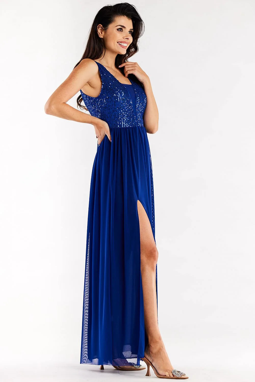 robe longue élégante sans manches dos ouvert pailleté rose poudré décolleté plongeant taille empire jupe fluide mousseline fente