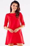 Robe de jour élégante rouge vif manches 3/4 coupe évasée trapezoidal dos nu fermeture dissimulée femme