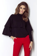 Chemisier noir en polyester moderne chic volants manches longues col montant automne tendance femme élégante