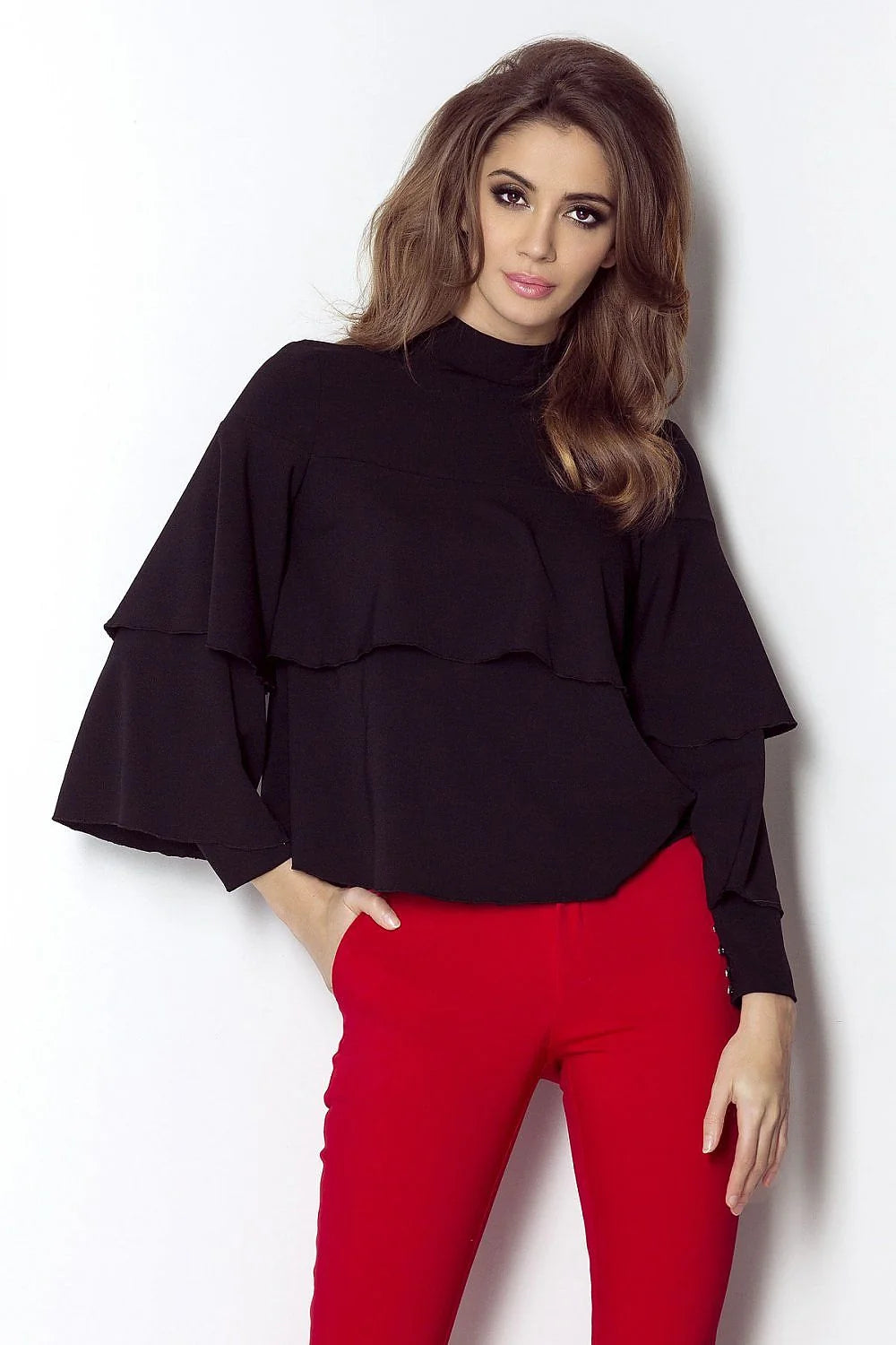 Chemisier noir en polyester moderne chic volants manches longues col montant automne tendance femme élégante